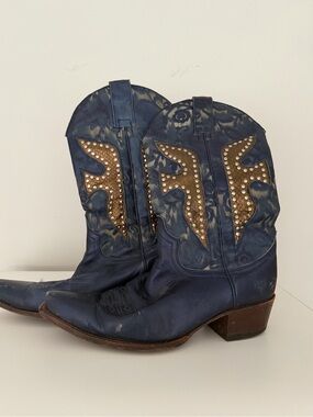 Vintage Frye Navy Blue Leather Studded Western Boots Women’s Size 10